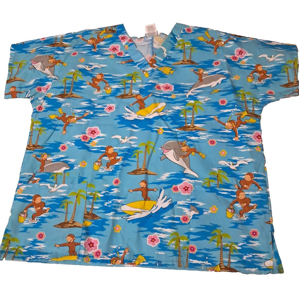 Curious George Adventures Monkey Fun Nurse Vet Tech Dental Scrub VNeck Top Large